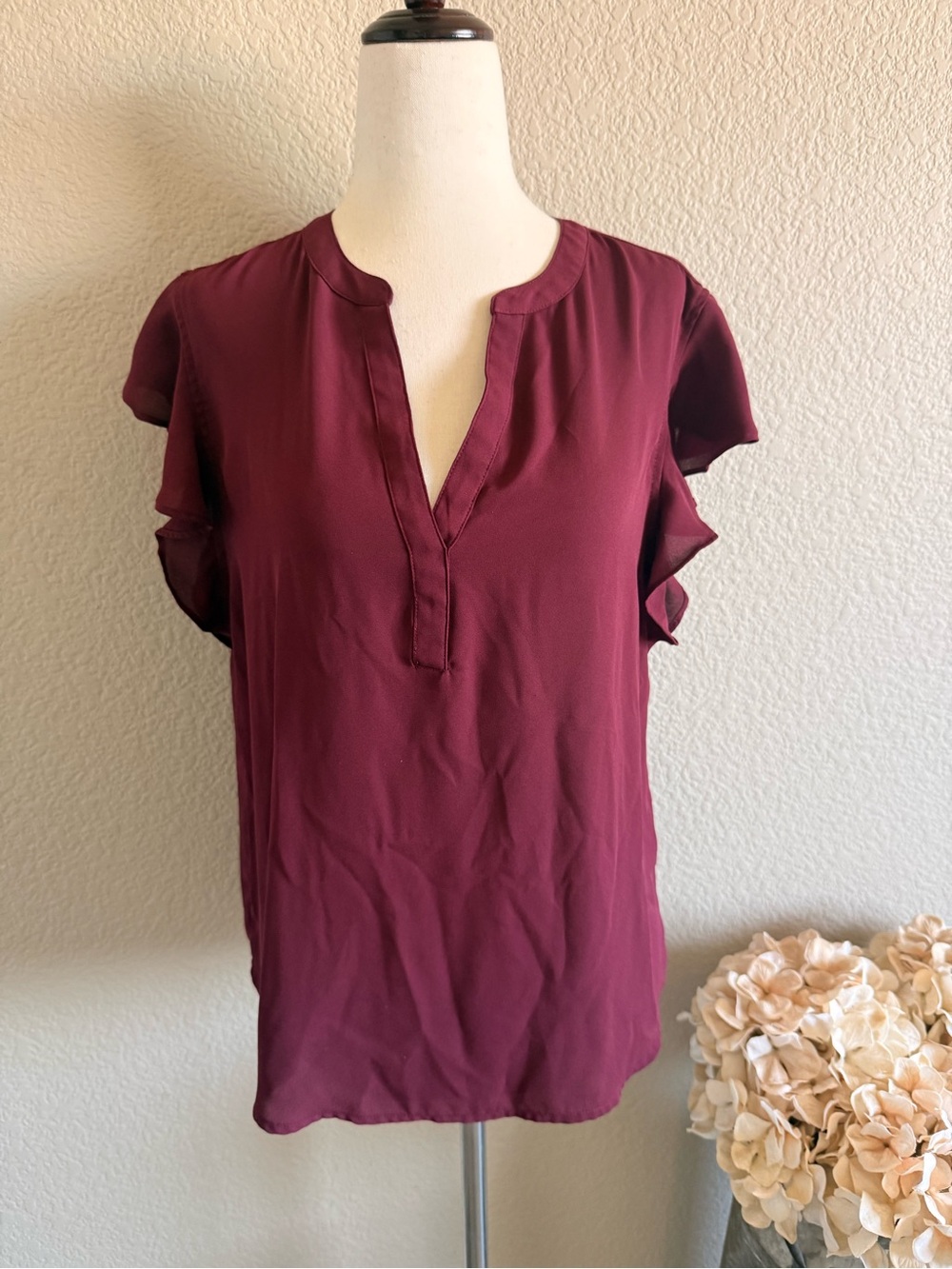 Calvin Klein Burgundy Ruffle Sleeve Split V-Neck Blouse